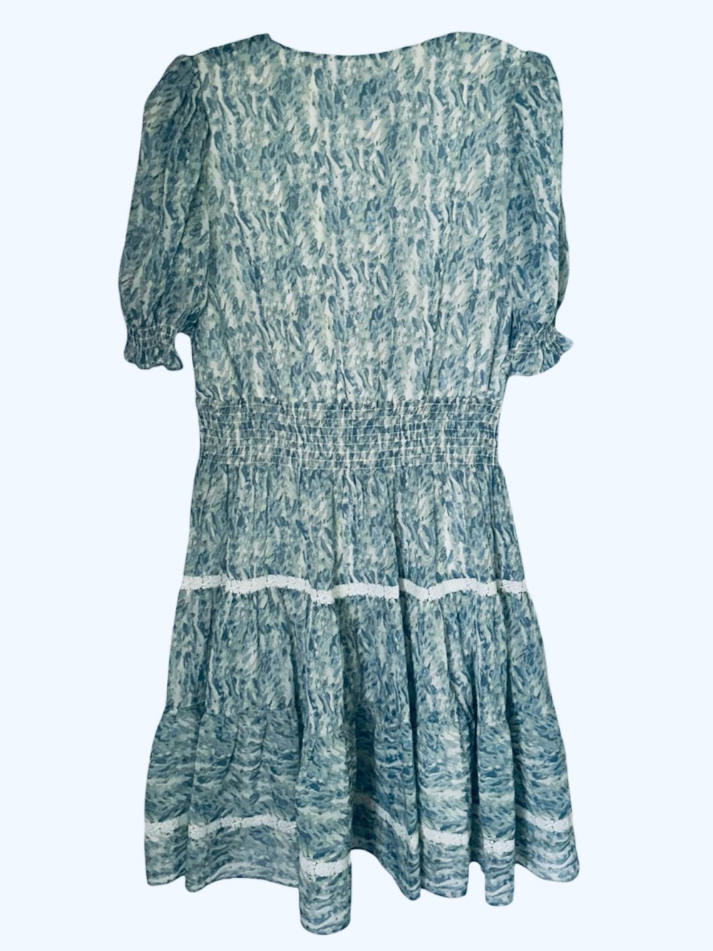 Taylor Blue Printed Smocked-Waist V-Neck Women's Dress sz. 10 - Picture 5 of 7